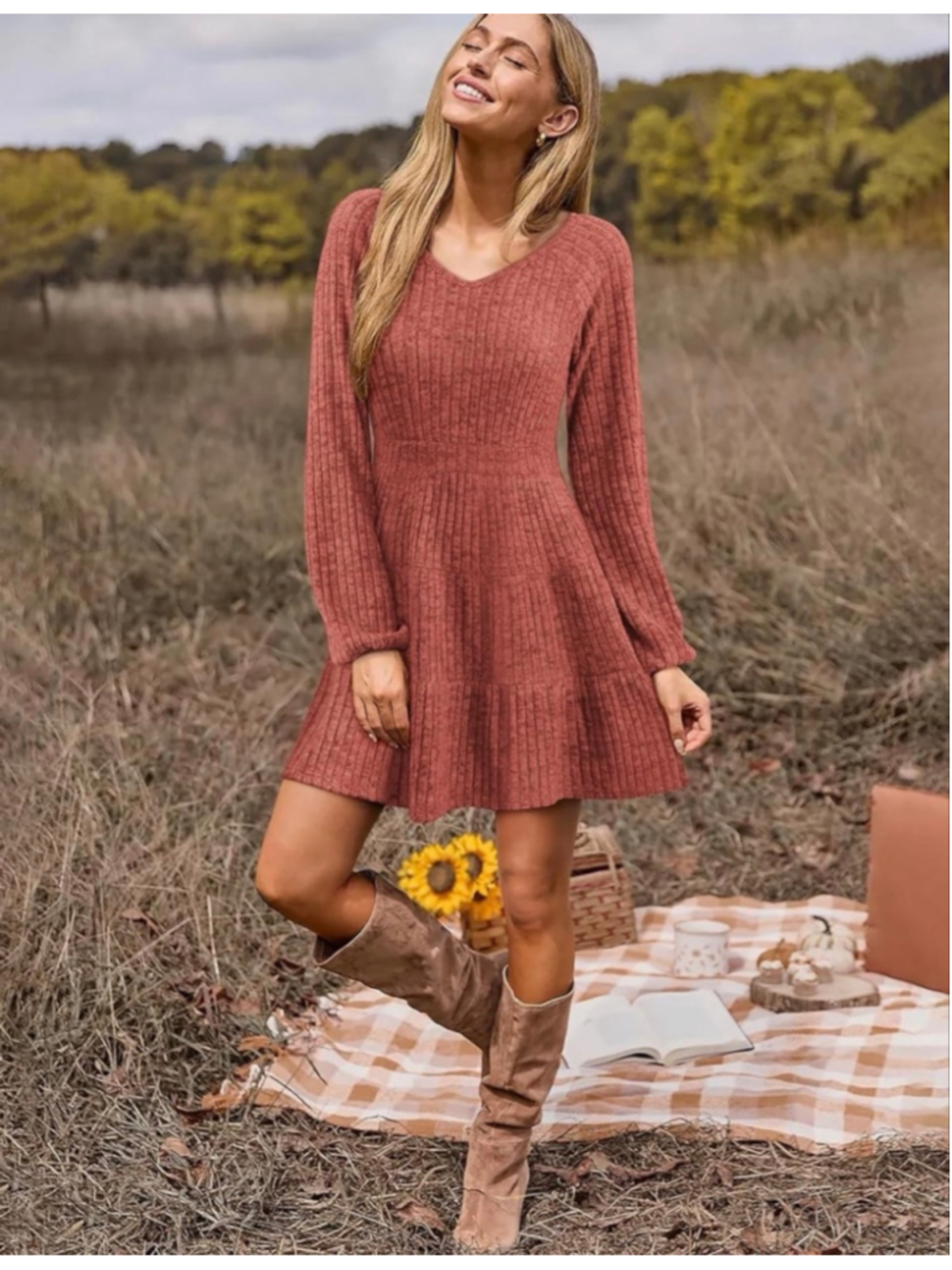 NEW Soft Long Sleeve V Neck Sweater Dress Ribbed Knit Casual mini Dress L - Picture 6 of 7